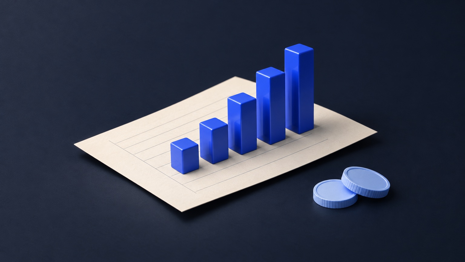 A bar chart of cobalt blocks rising on a ledger sheet, with two pale blue coins beside it.