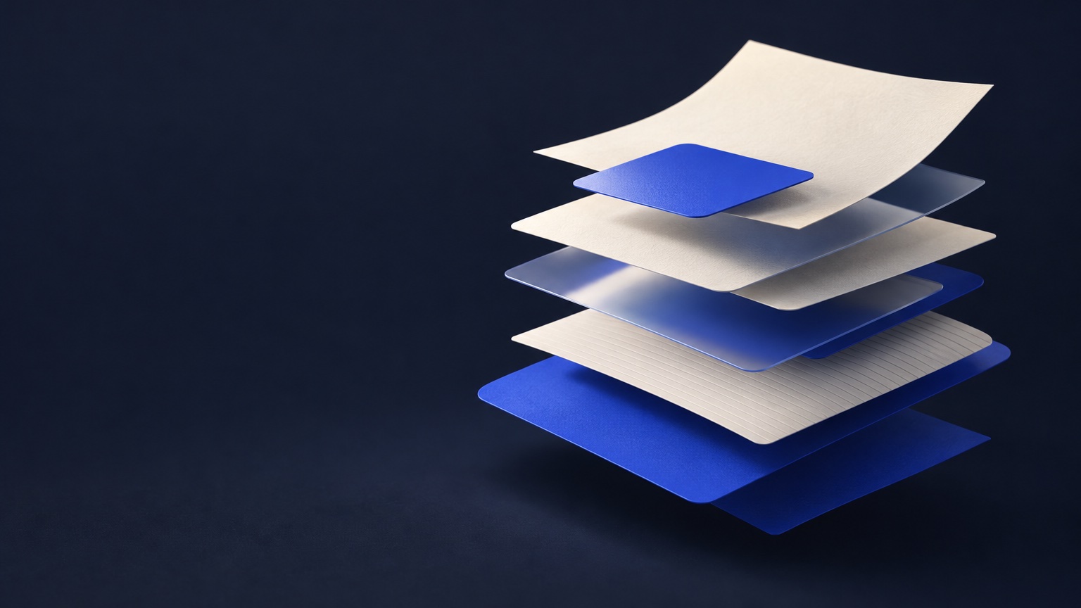 Ivory sheets and cobalt cards stacked in offset layers, like a plan being assembled.
